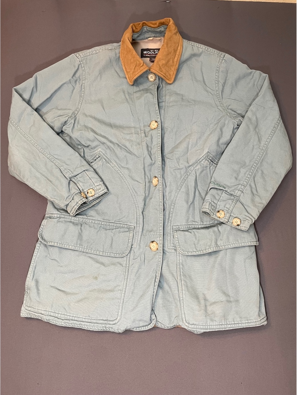 Woolrich Women's Small Cotton Canvas Jacket with Leather Collar Light Blue